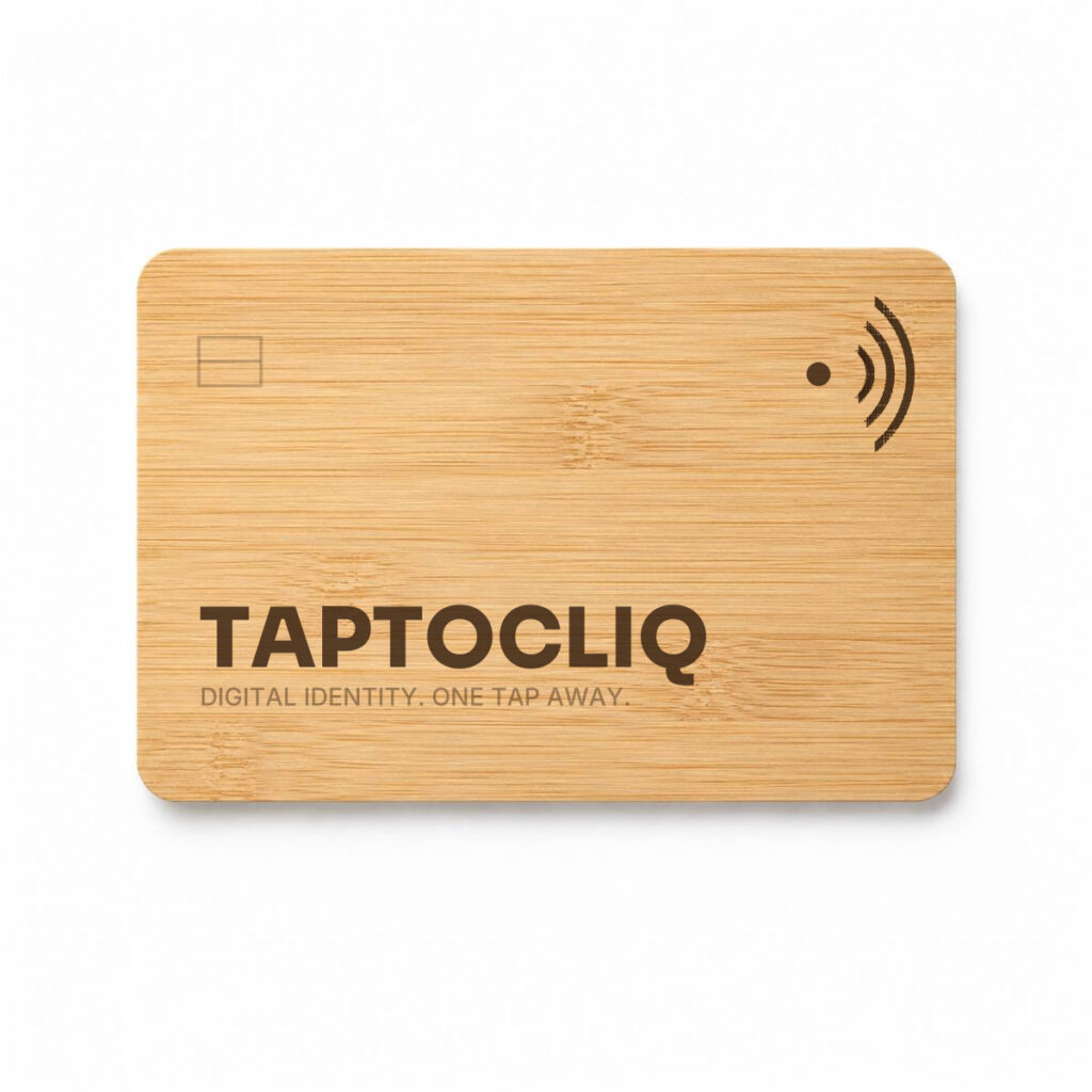 Bamboo NFC card with TAPTOCLIQ logo